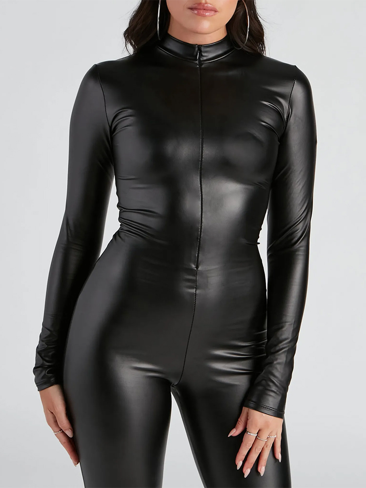 Leather Work Overalls - Dames Stretch Matte Kunstleren Jumpsuits Lange